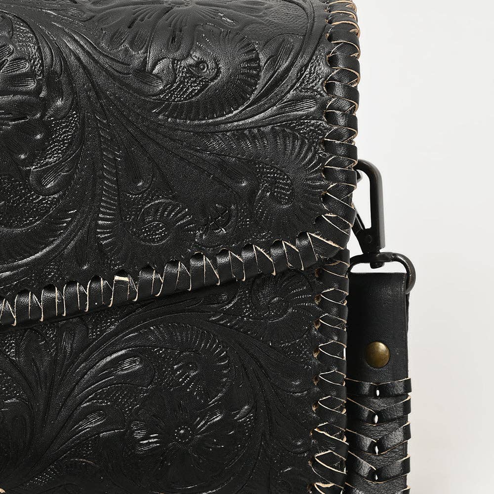 Black Hand Tooled Leather Crossbody Bag