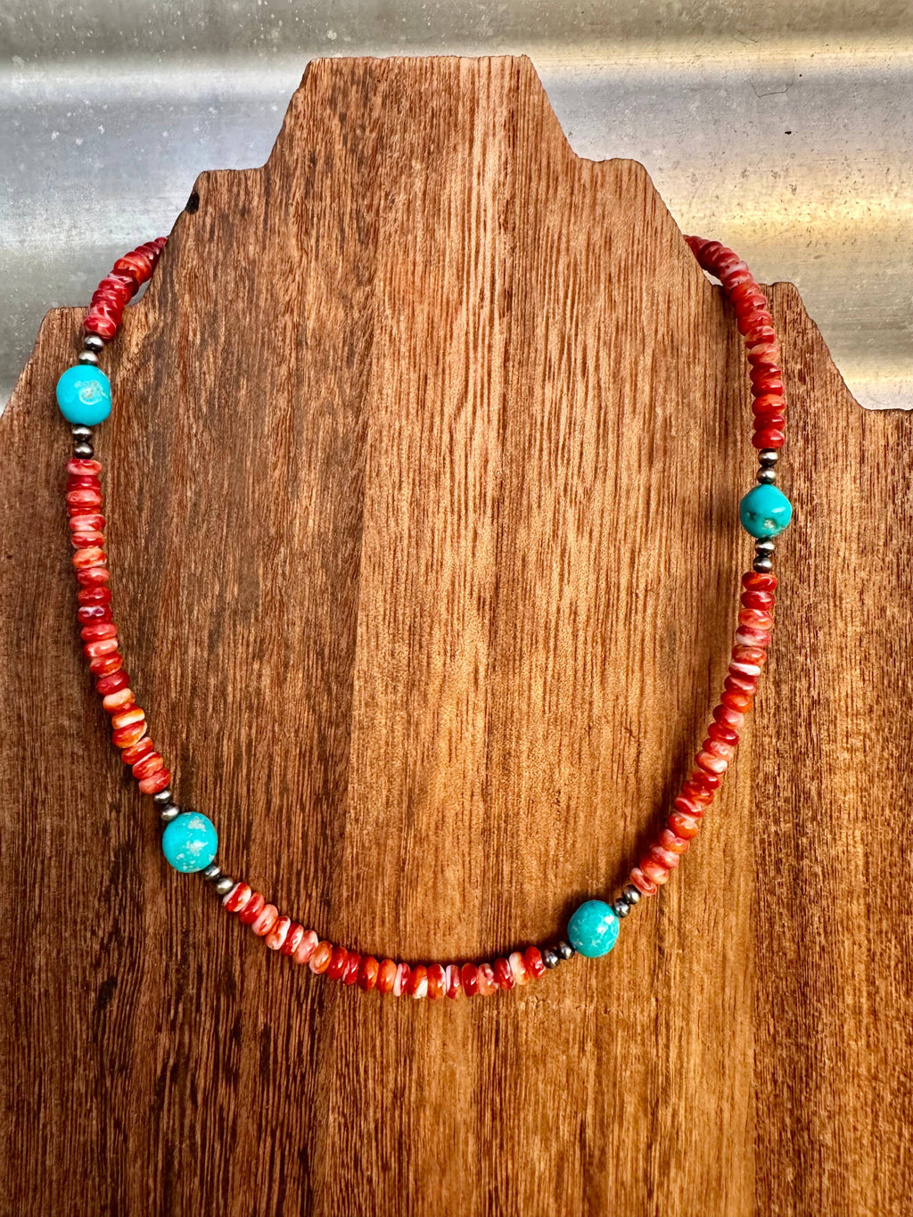 Orange Spiny Oyster Necklace/Turquoise & Navajo Pearl choker