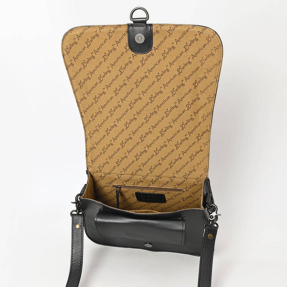 Black Hand-Tooled Leather Crossbody Bag