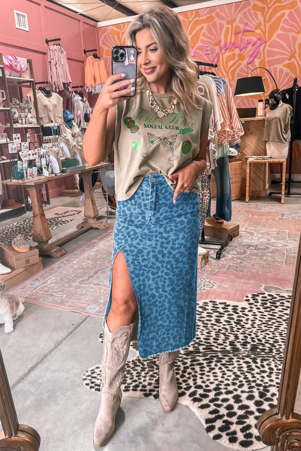Leopard Frayed Denim Midi Skirt