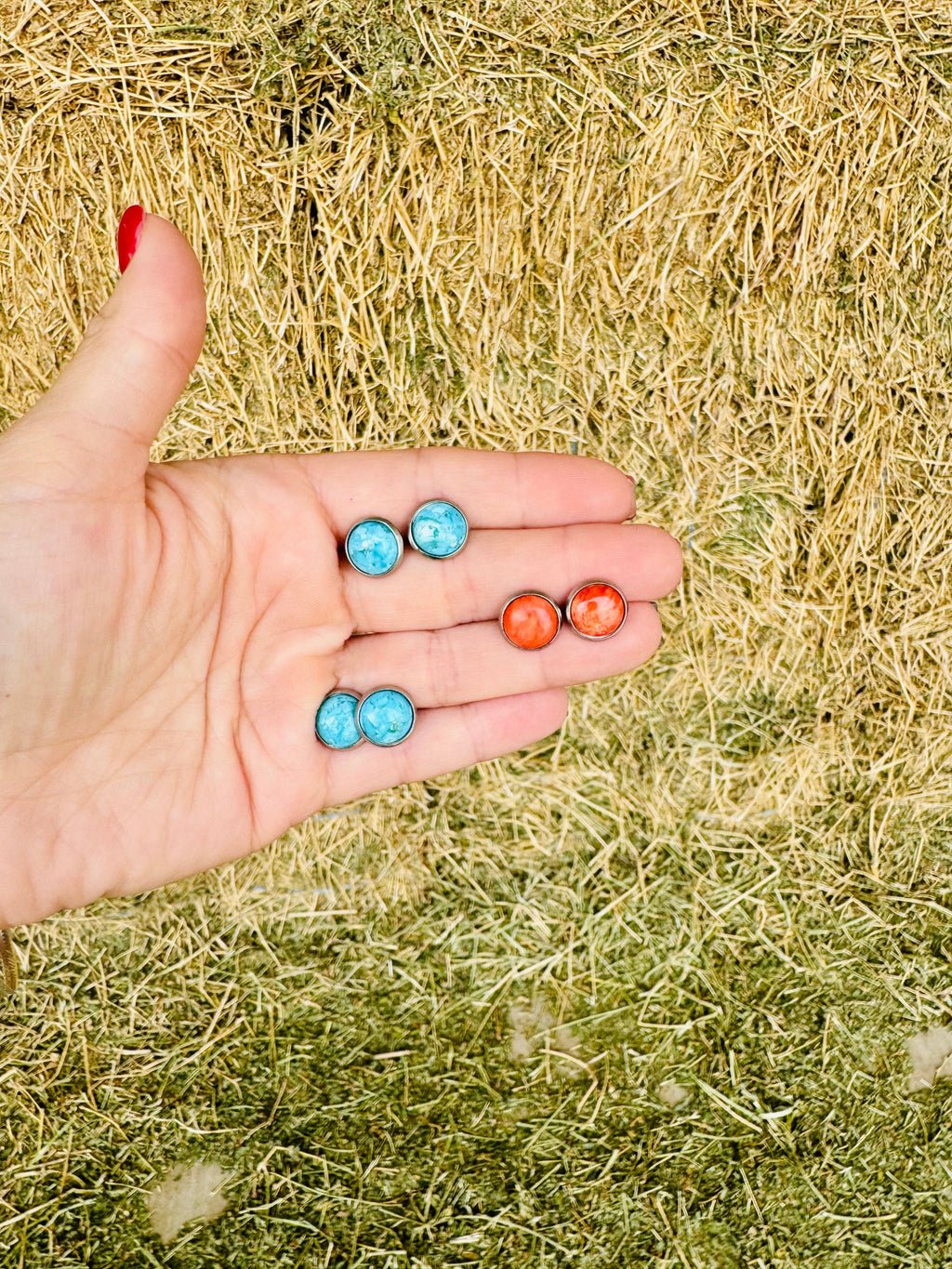 Genuine Turquoise Stud Earring/Orange/Red Spiny Oyster stud