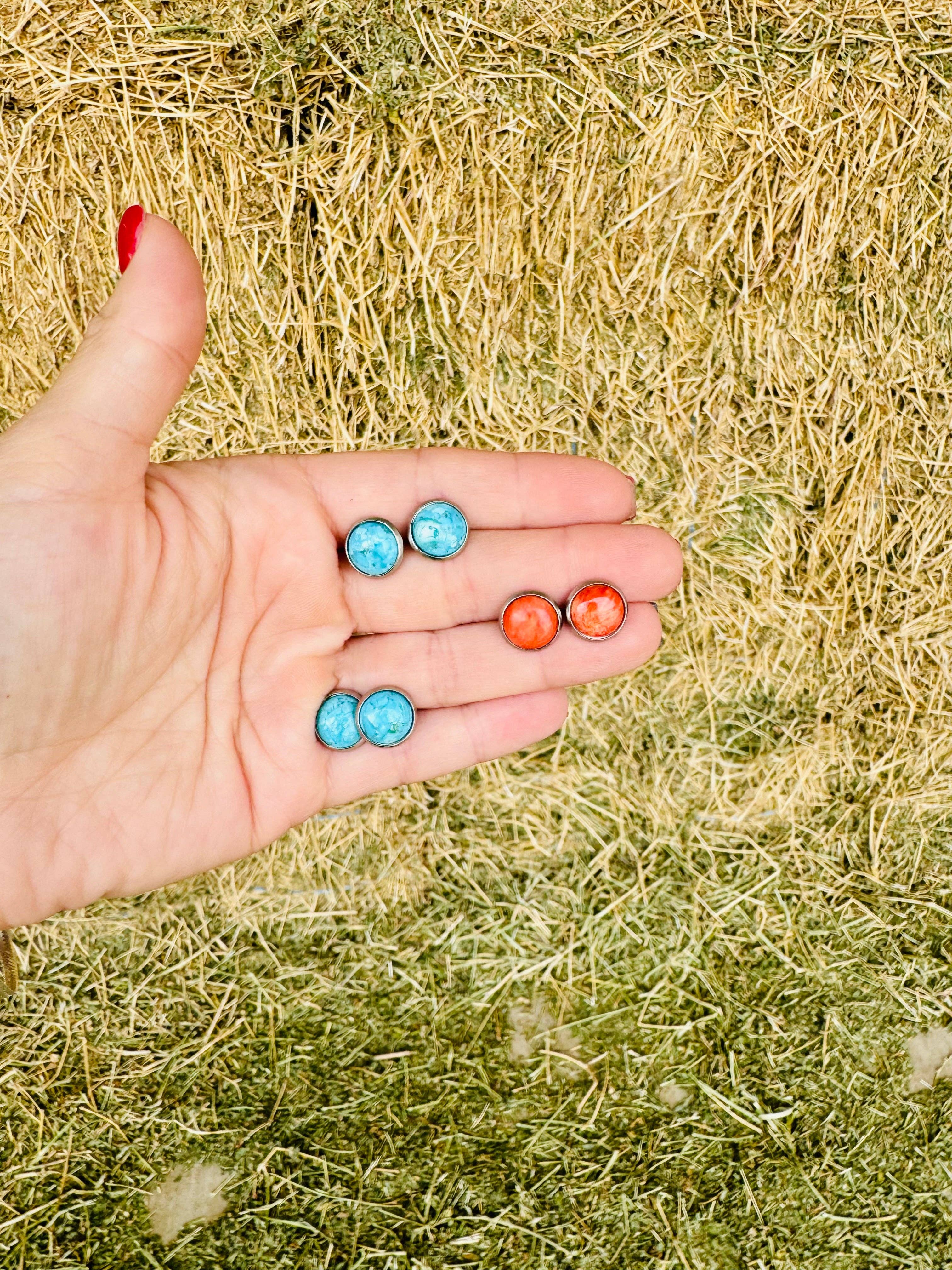 Genuine Turquoise Stud Earring/Orange/Red Spiny Oyster stud