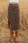 Leopard Frayed Denim Midi Skirt