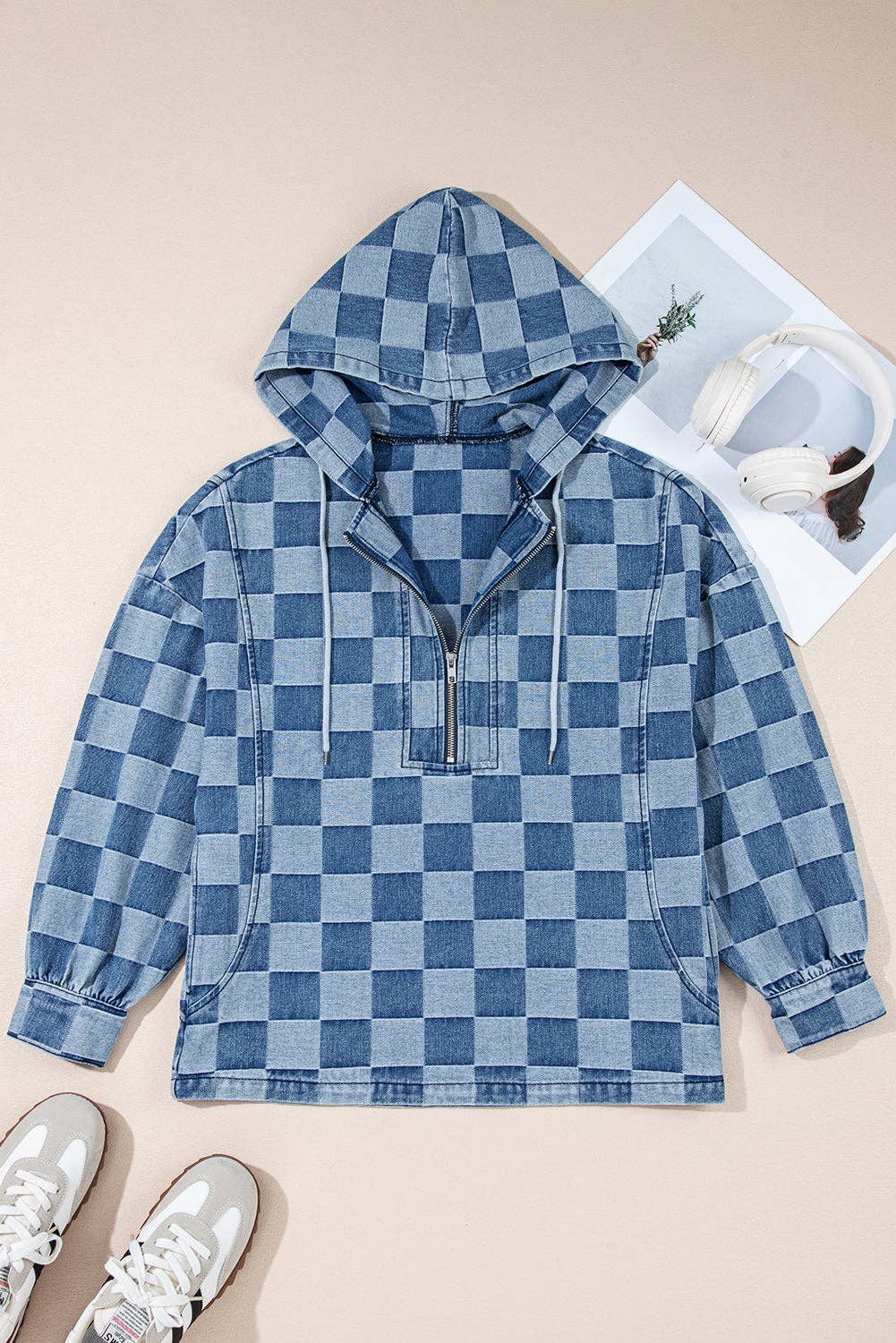 Blue Checkerboard Denim Hoodie