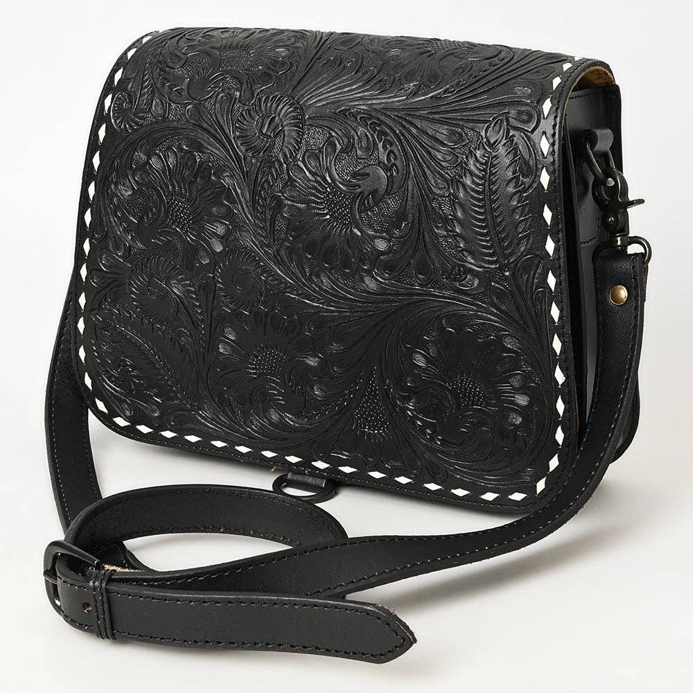 Black Hand-Tooled Leather Crossbody Bag