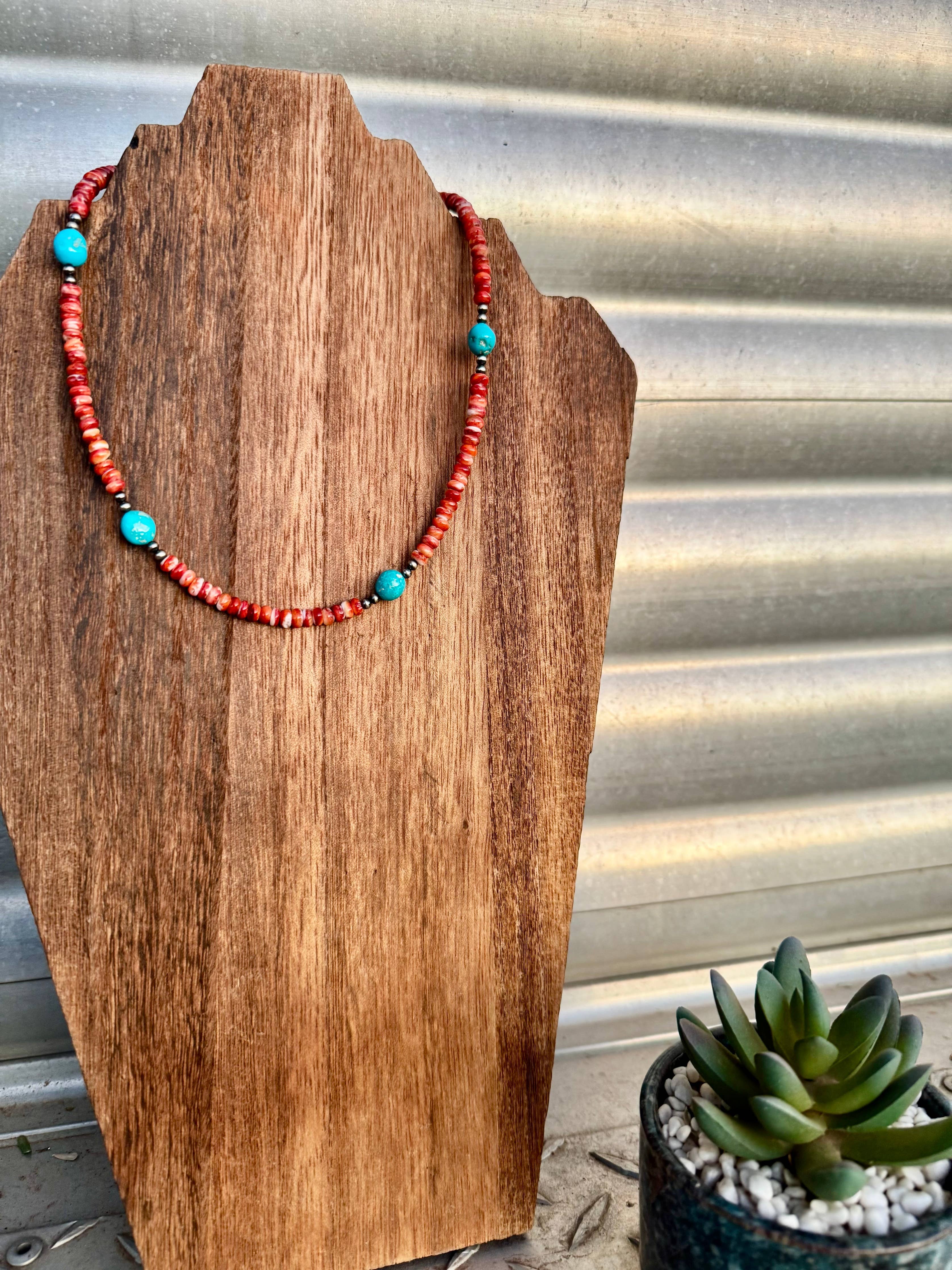 Orange Spiny Oyster Necklace/Turquoise & Navajo Pearl choker