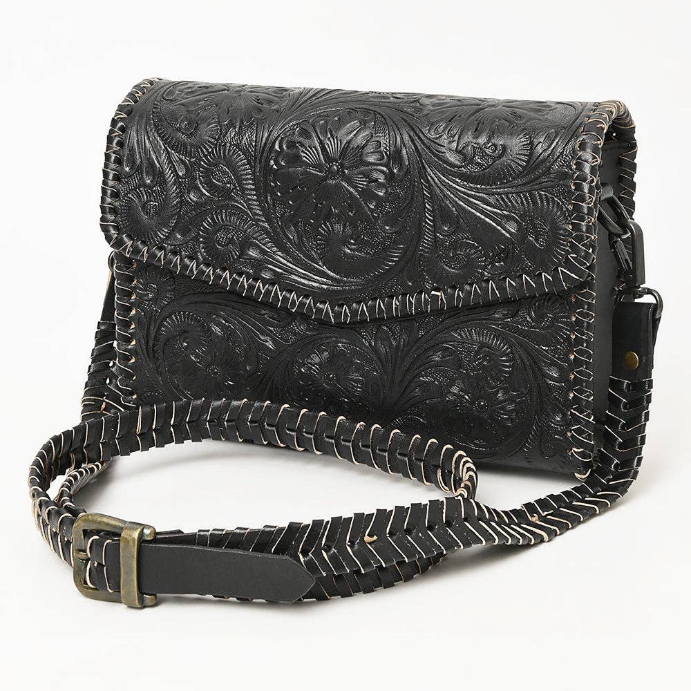 Black Hand Tooled Leather Crossbody Bag