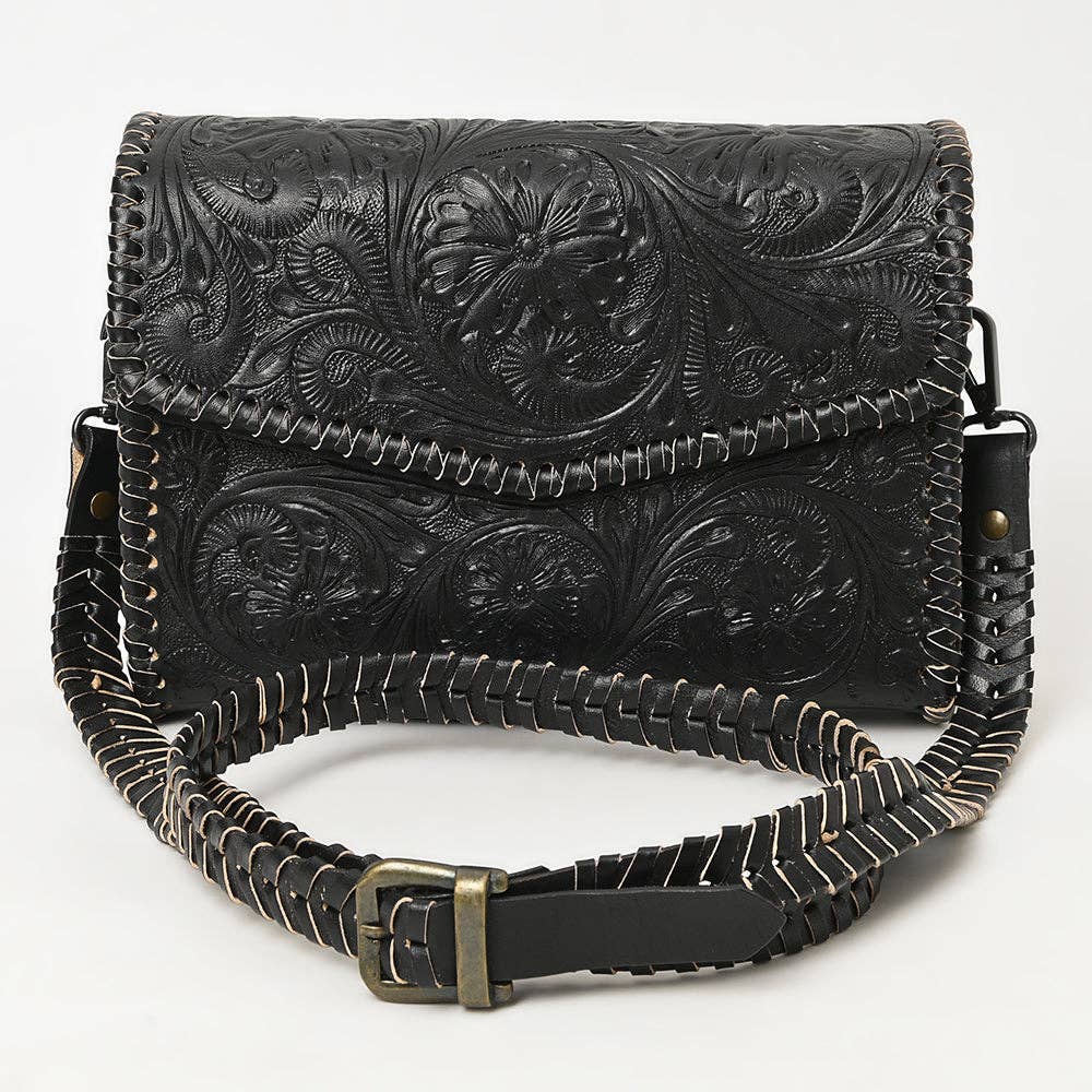 Black Hand Tooled Leather Crossbody Bag