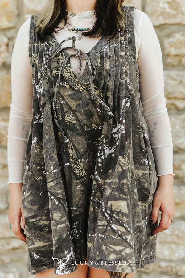 Mossy Oak Printed V Neck Front Tie Denim Romper