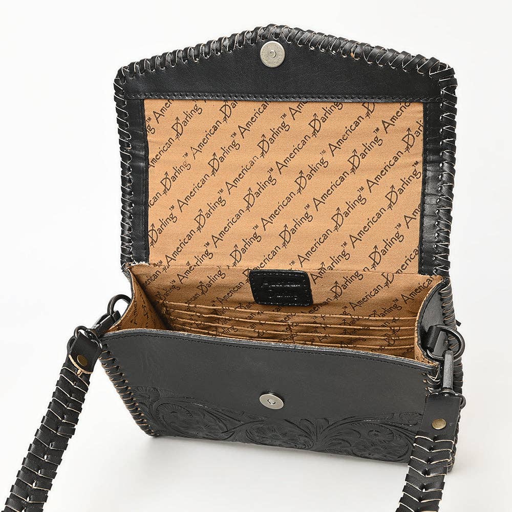 Black Hand Tooled Leather Crossbody Bag