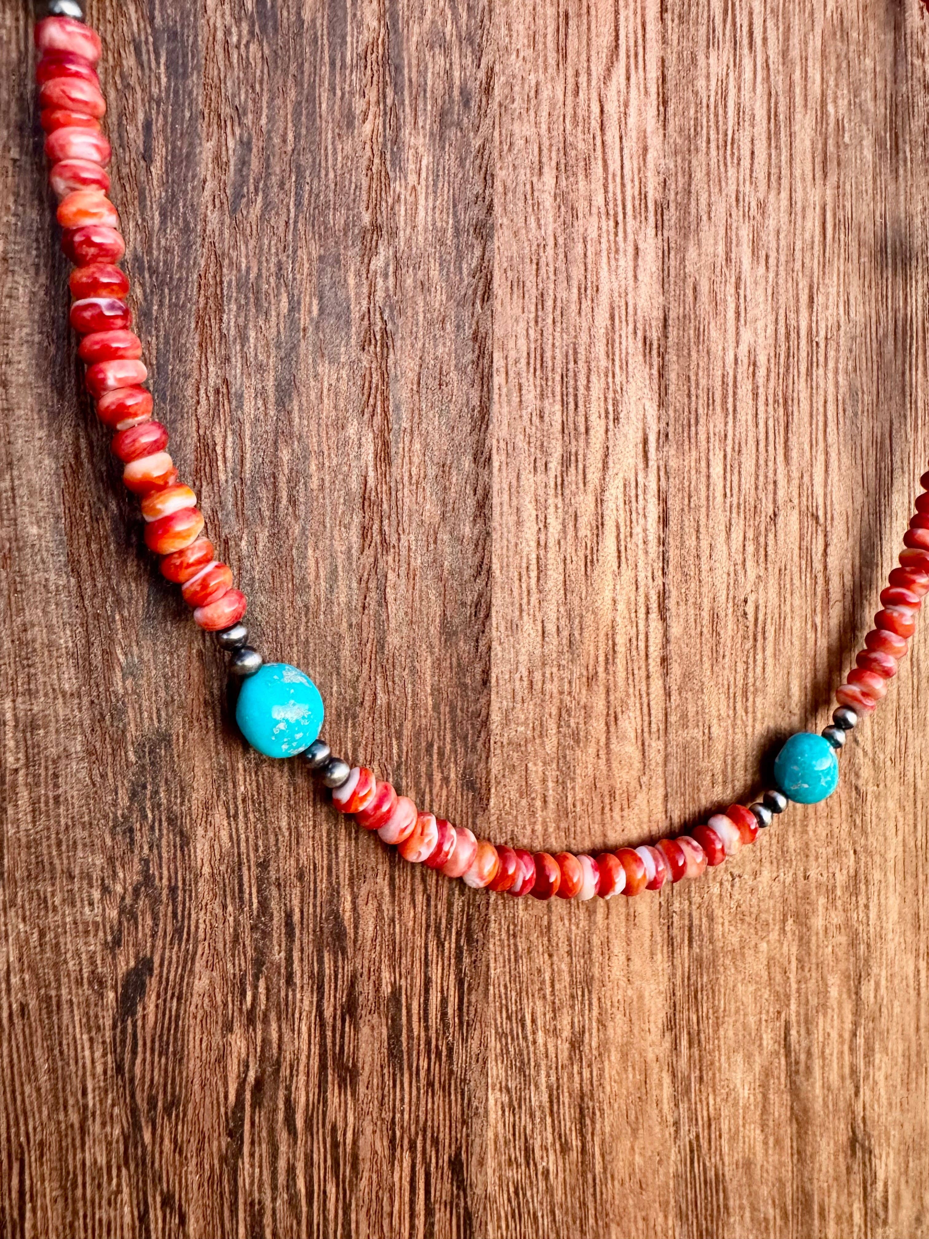 Orange Spiny Oyster Necklace/Turquoise & Navajo Pearl choker