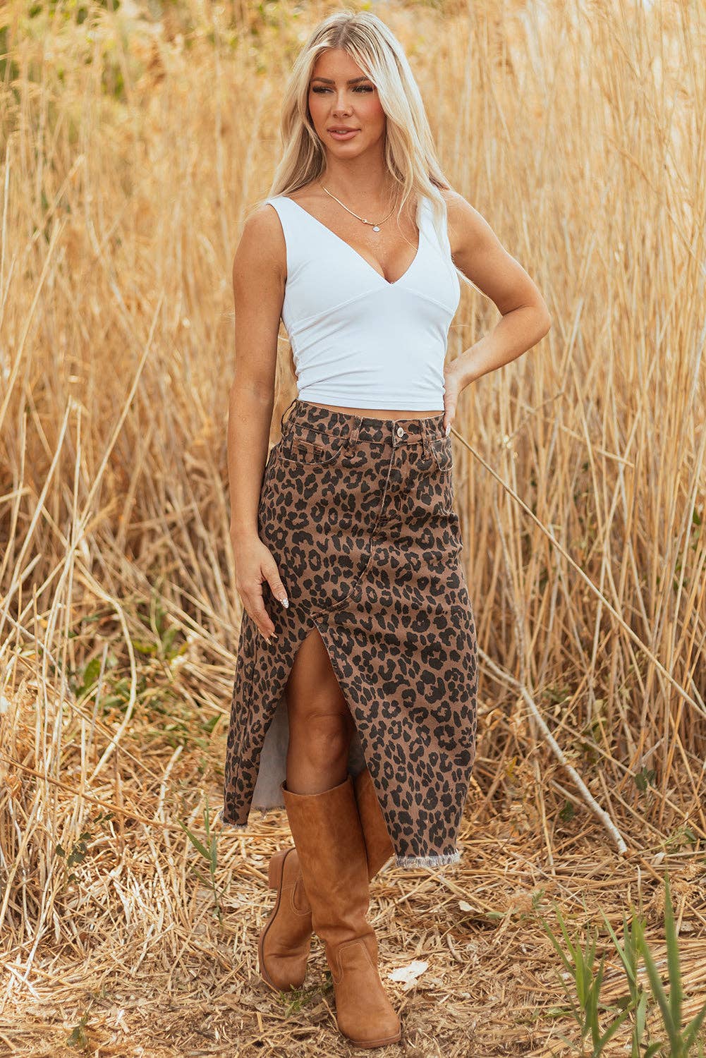 Leopard Frayed Denim Midi Skirt