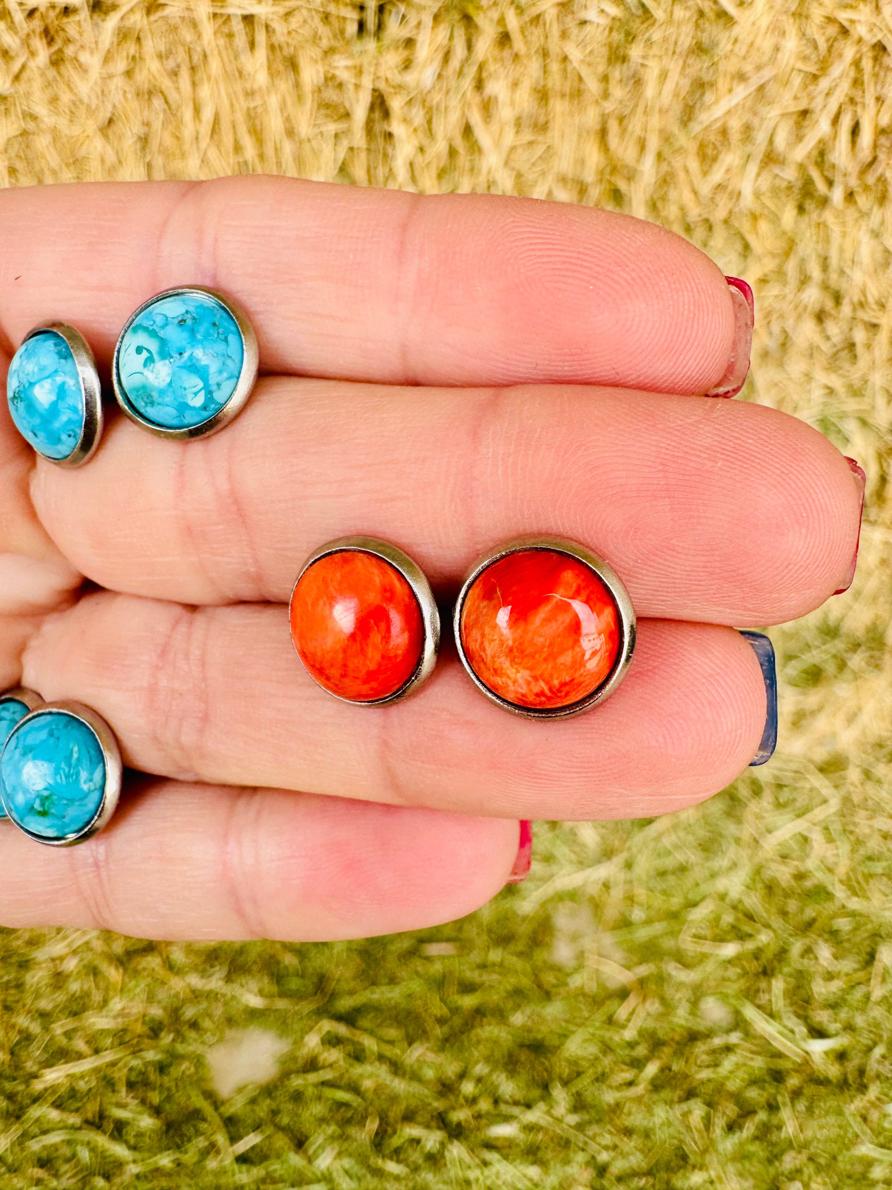 Genuine Turquoise Stud Earring/Orange/Red Spiny Oyster stud