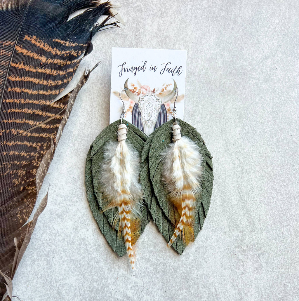 Ronan Fringe Feather Earrings | Olive