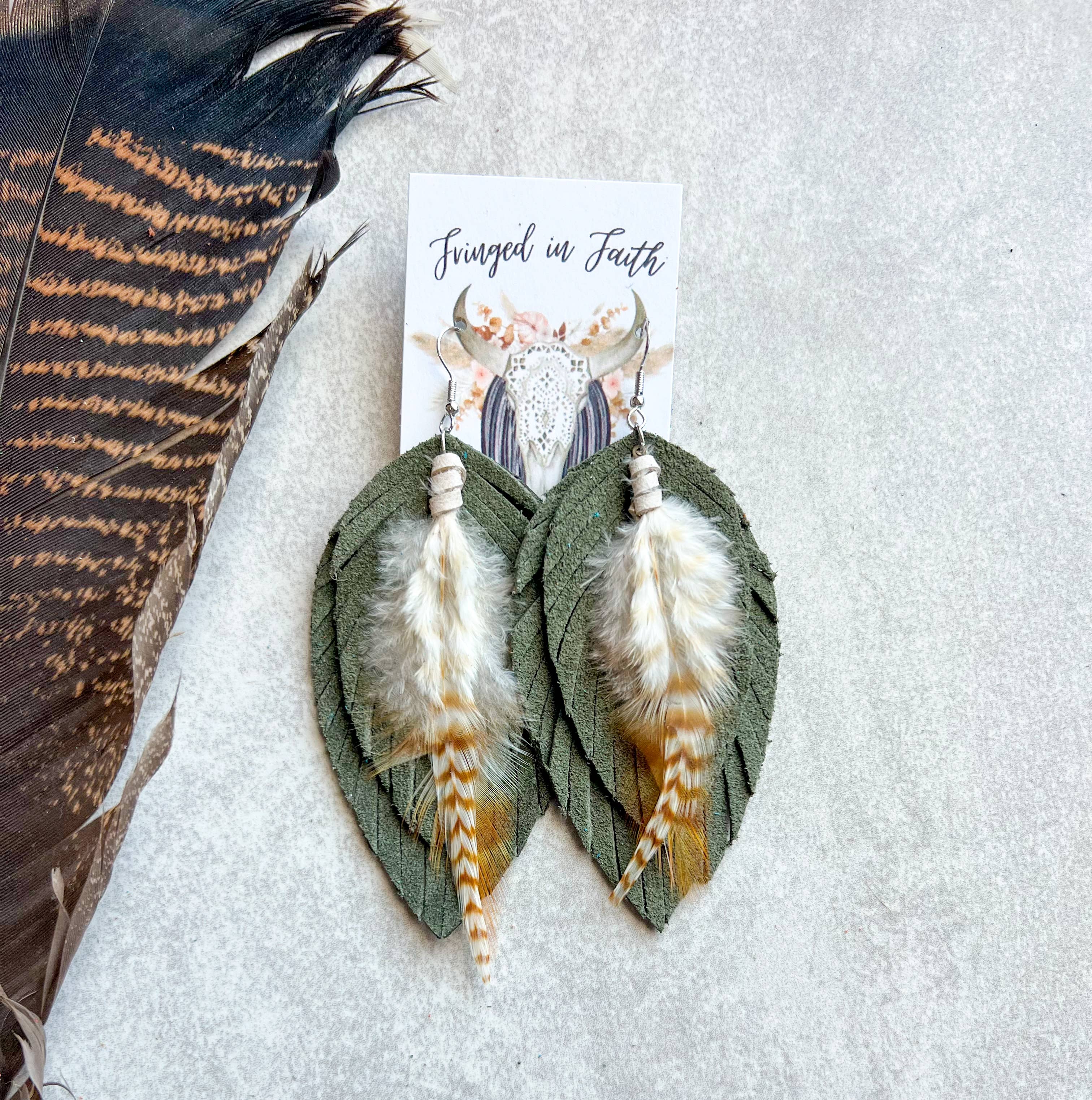 Ronan Fringe Feather Earrings | Olive