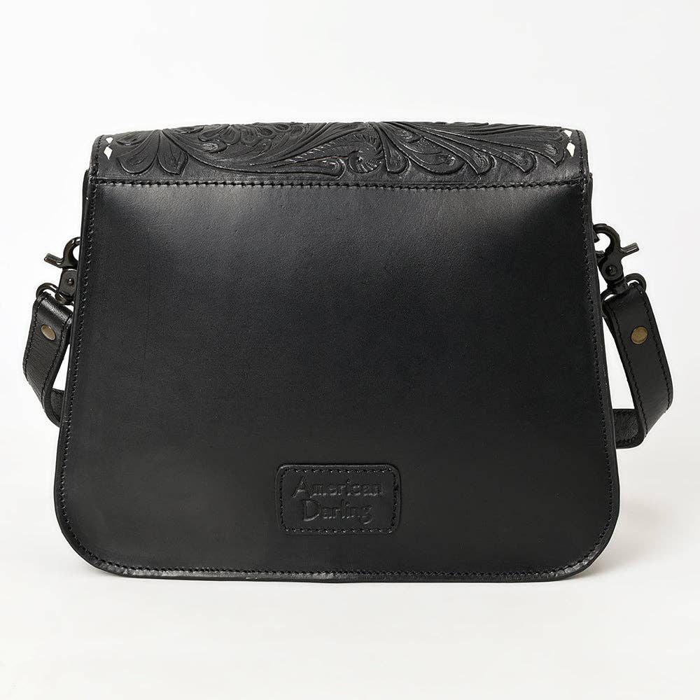 Black Hand-Tooled Leather Crossbody Bag