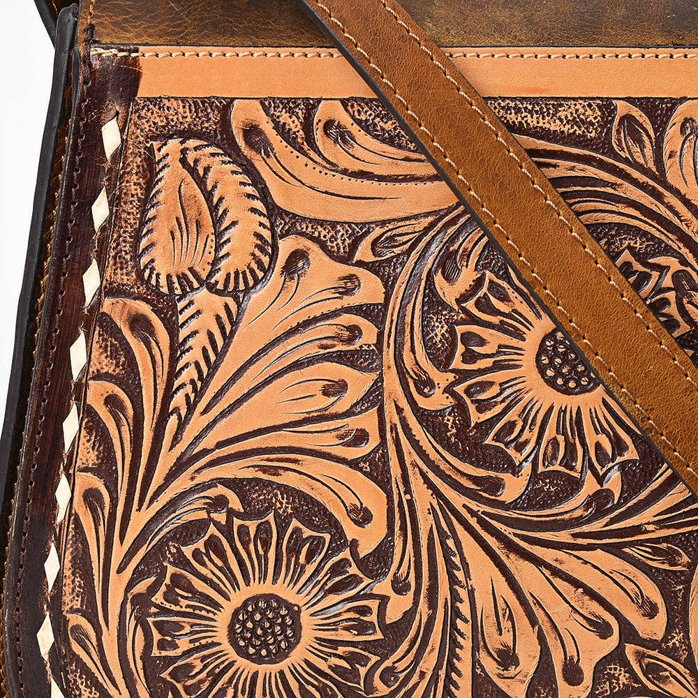 Tooled Leather Crossbody Flap Bag