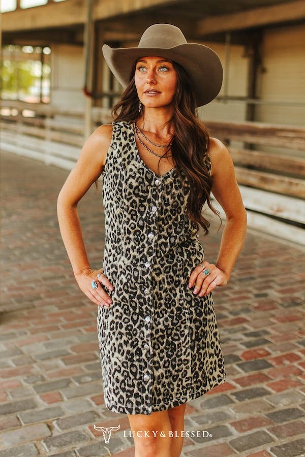 Brown Leopard Denim Button Down Dress