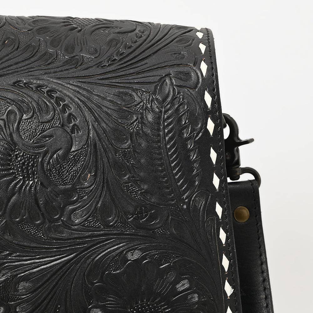 Black Hand-Tooled Leather Crossbody Bag