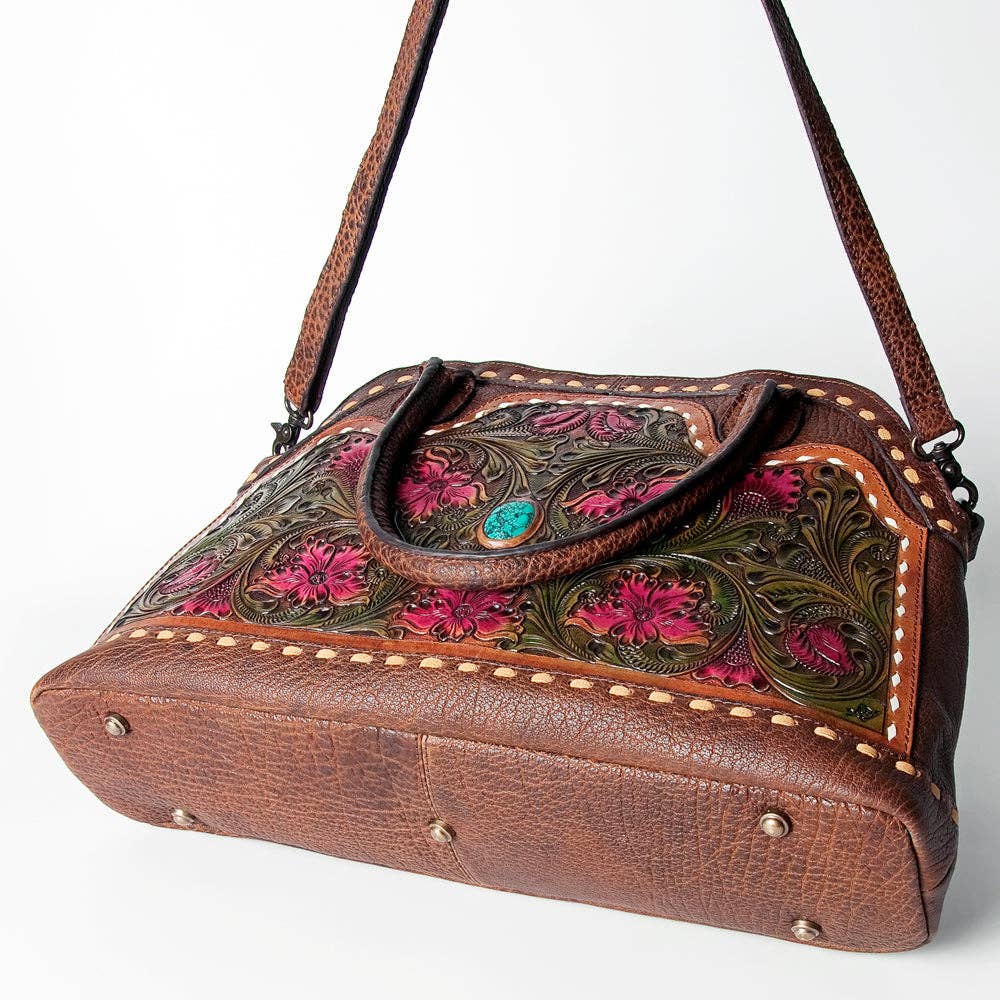 Floral Carved Leather Western Tote Bag with Turquoise Accent