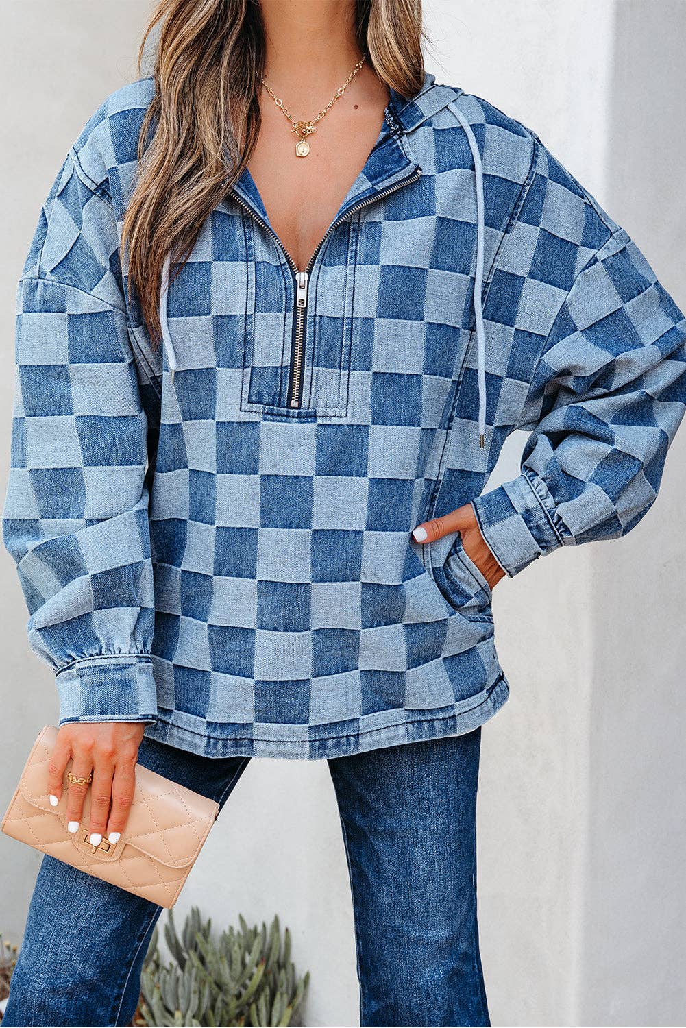 Blue Checkerboard Denim Hoodie