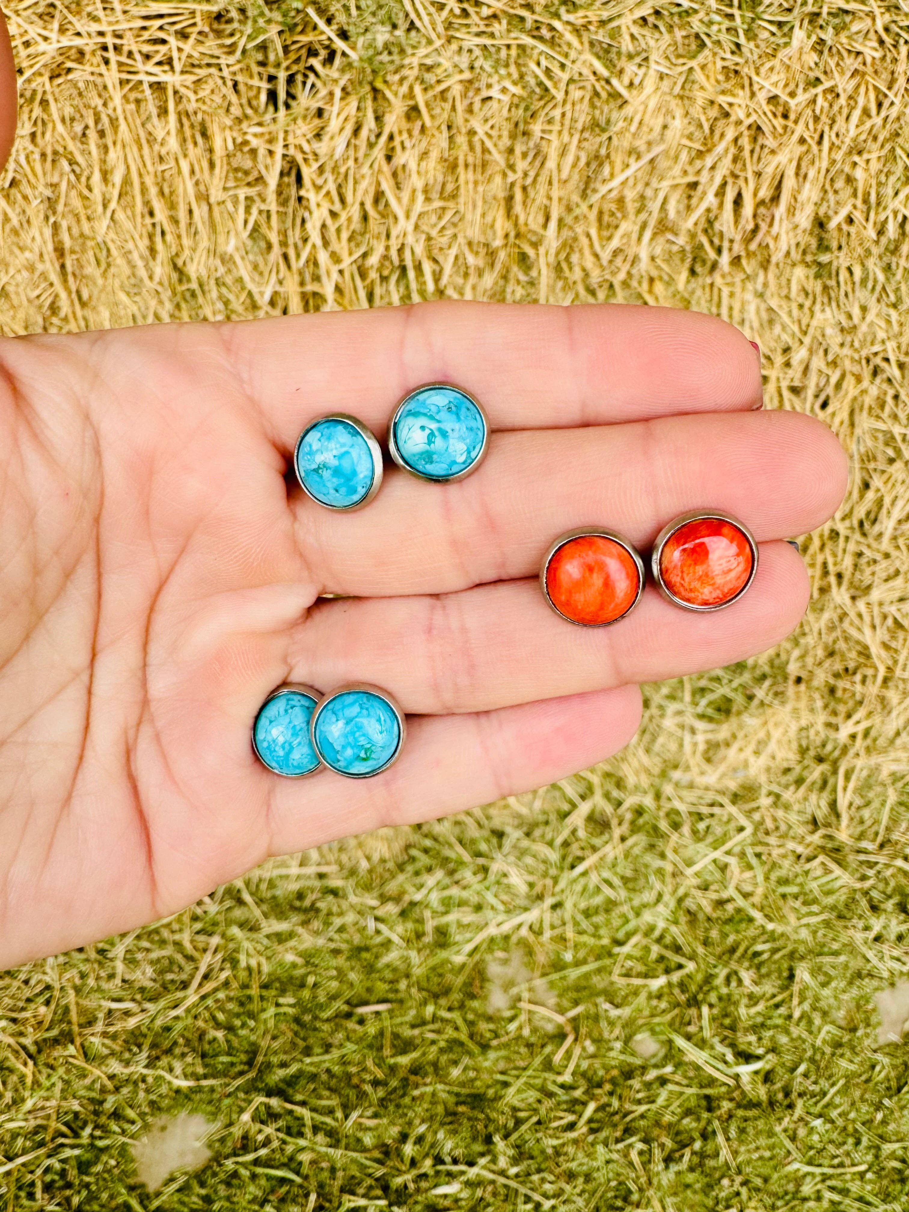 Genuine Turquoise Stud Earring/Orange/Red Spiny Oyster stud