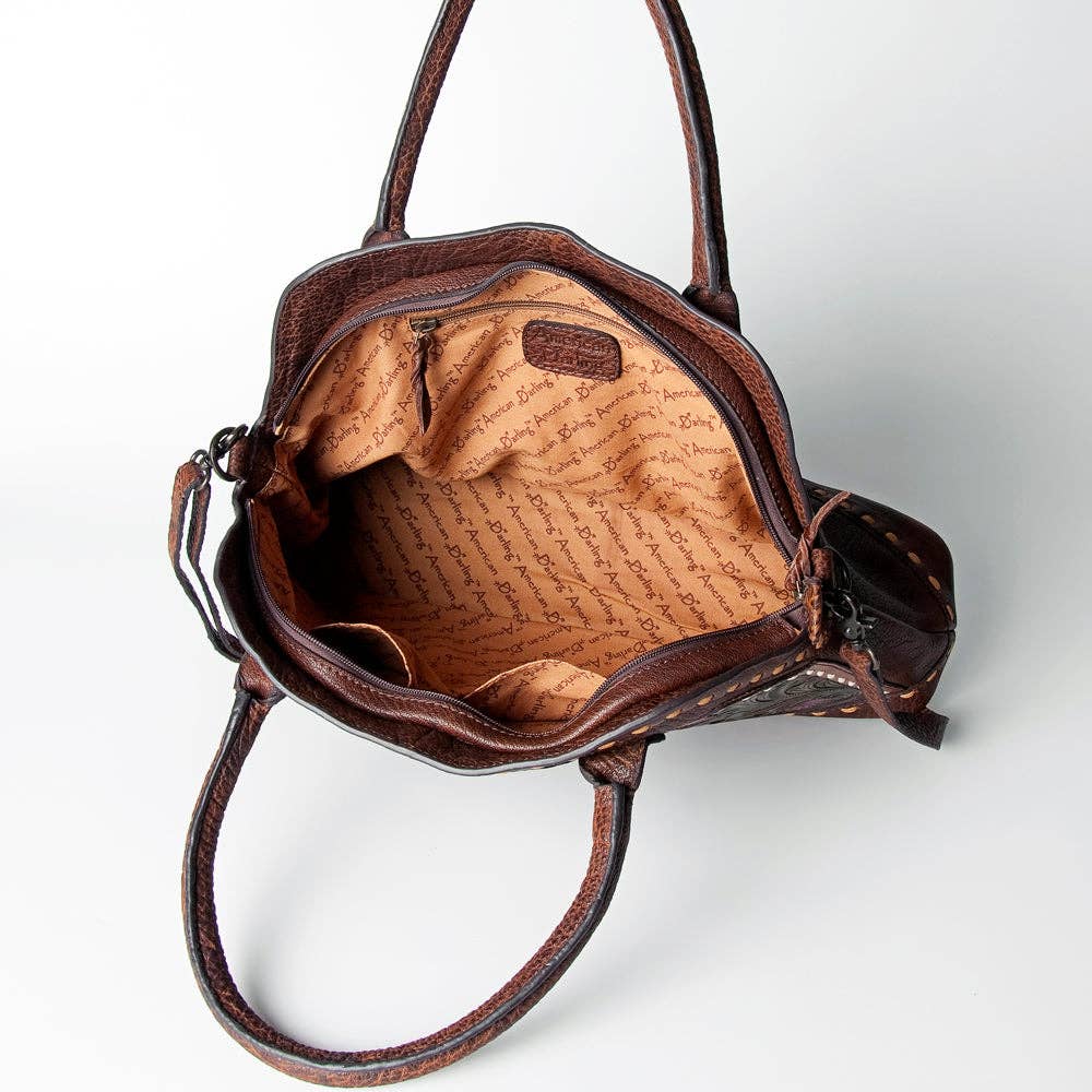 Floral Carved Leather Western Tote Bag with Turquoise Accent