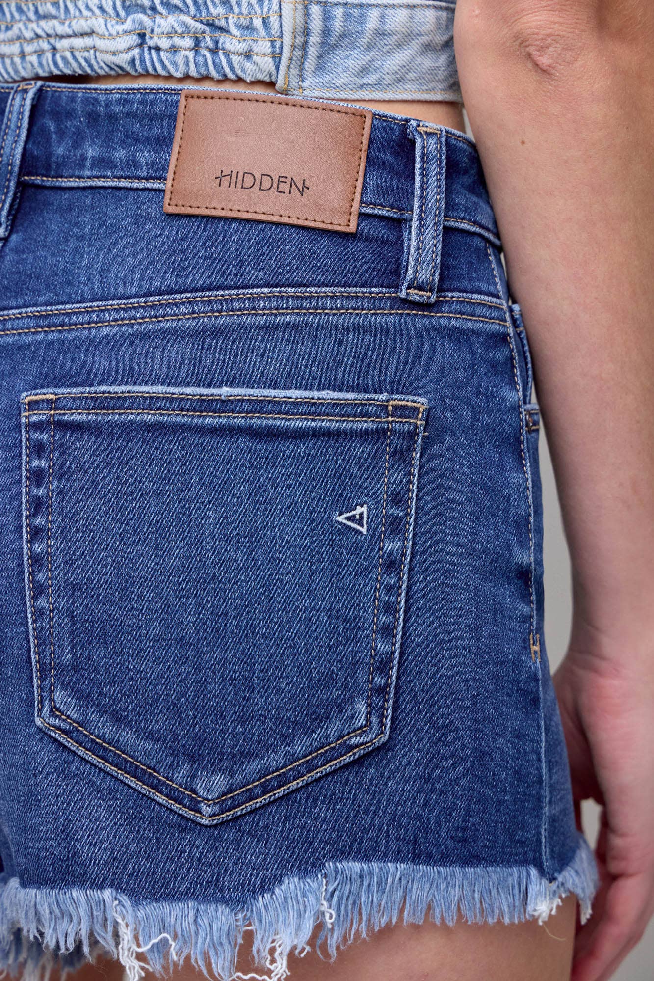 Dark Wash Frayed Stretch 3" Inseam Shorts