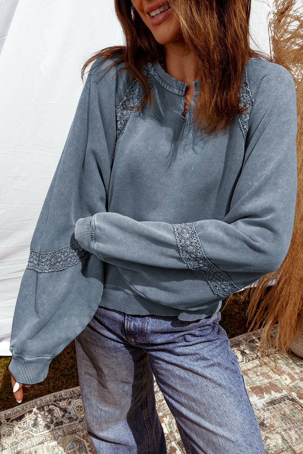 Mineral Wash Lace Patch V Neck Sweatshirt