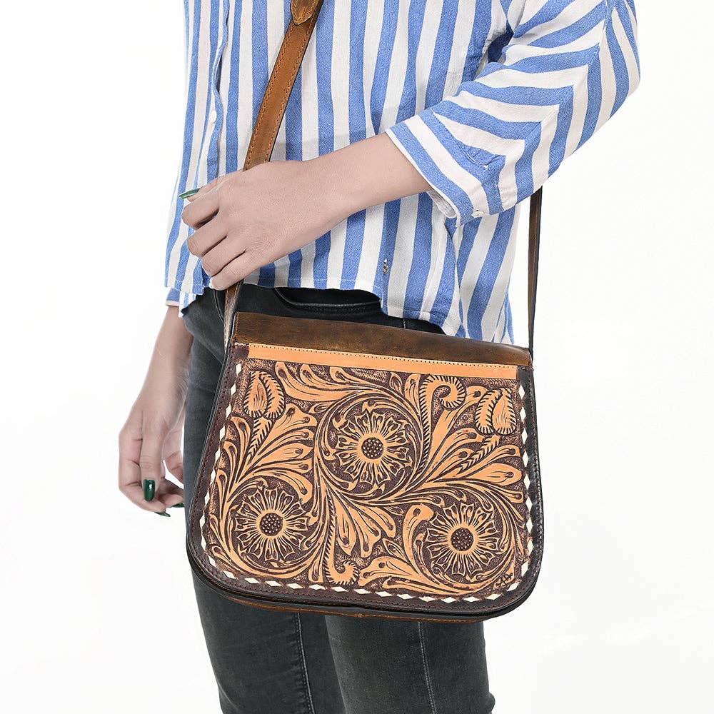 Tooled Leather Crossbody Flap Bag