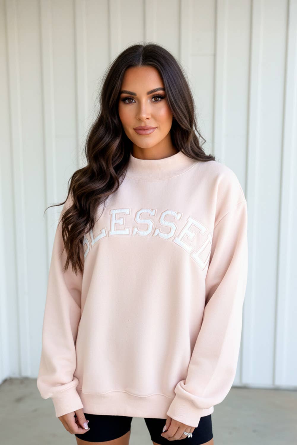 Oversized Blessed Embroidered Mock Neck Sweatshirt