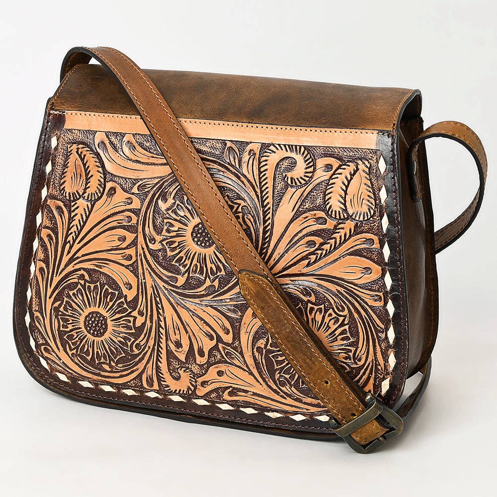 Tooled Leather Crossbody Flap Bag
