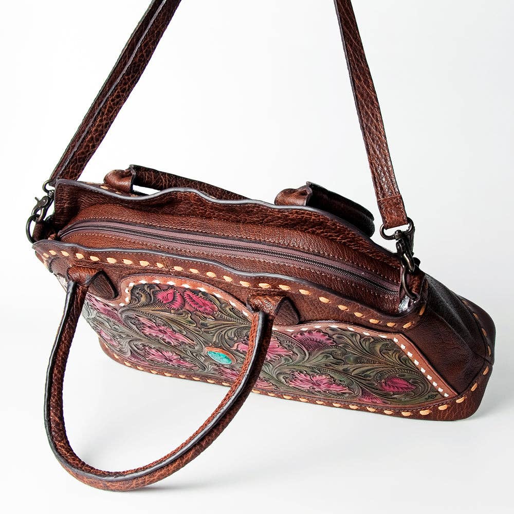 Floral Carved Leather Western Tote Bag with Turquoise Accent