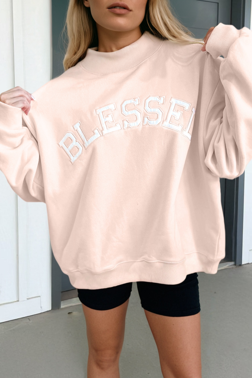 Oversized Blessed Embroidered Mock Neck Sweatshirt