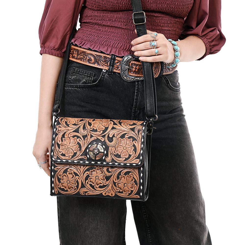 Floral Carved Buckstitched Bag