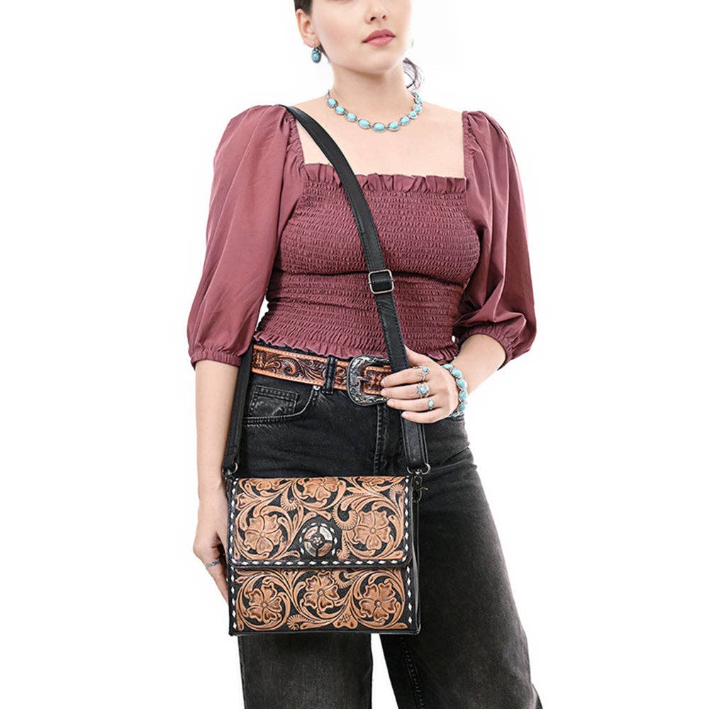 Floral Carved Buckstitched Bag