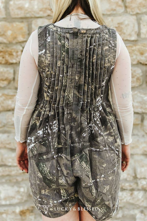 Mossy Oak Printed V Neck Front Tie Denim Romper