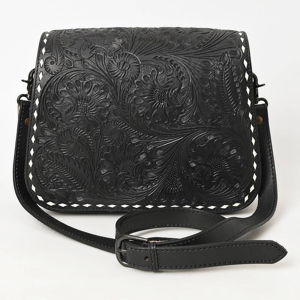 Black Hand-Tooled Leather Crossbody Bag