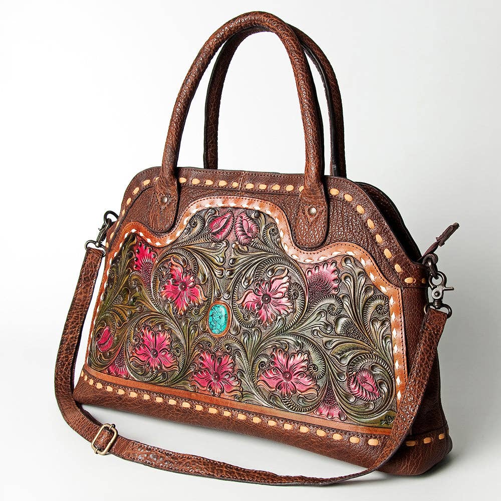 Floral Carved Leather Western Tote Bag with Turquoise Accent