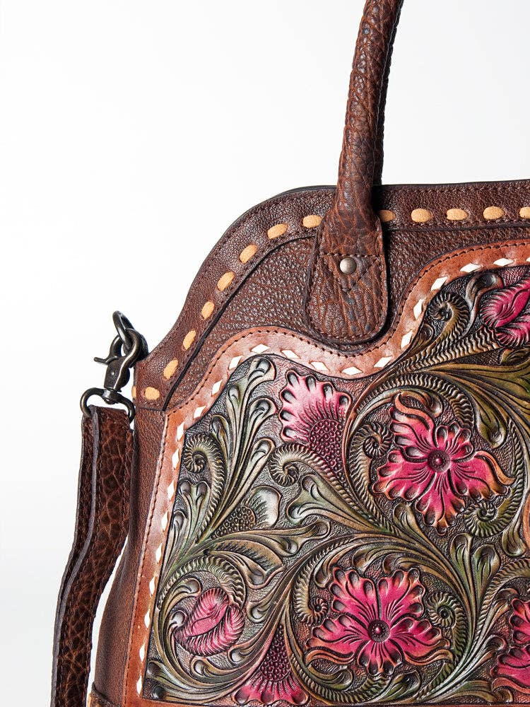 Floral Carved Leather Western Tote Bag with Turquoise Accent