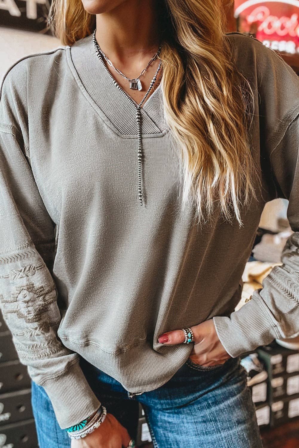 Aztec Embroidered V Neck Sweatshirt