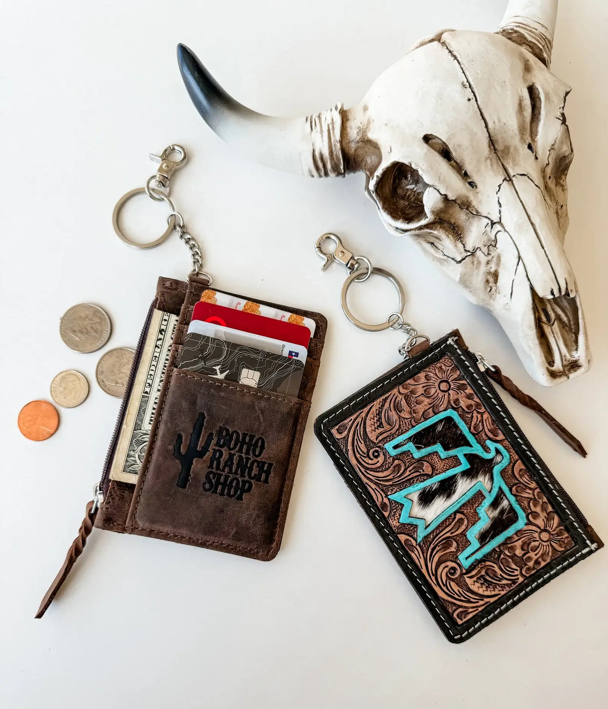 Western Cowhide Leather Keychain Wallet Longhorn Thunderbird