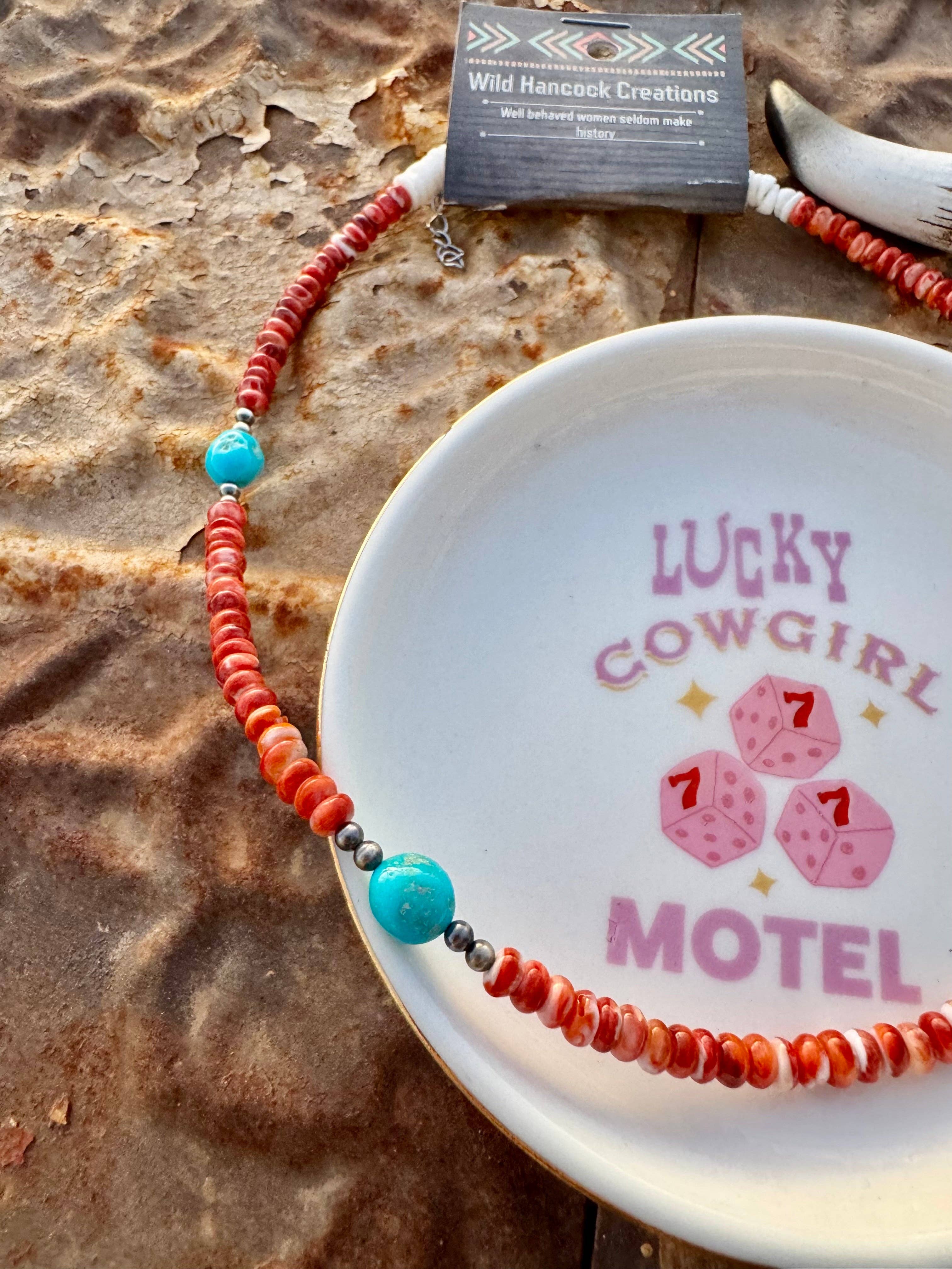 Orange Spiny Oyster Necklace/Turquoise & Navajo Pearl choker