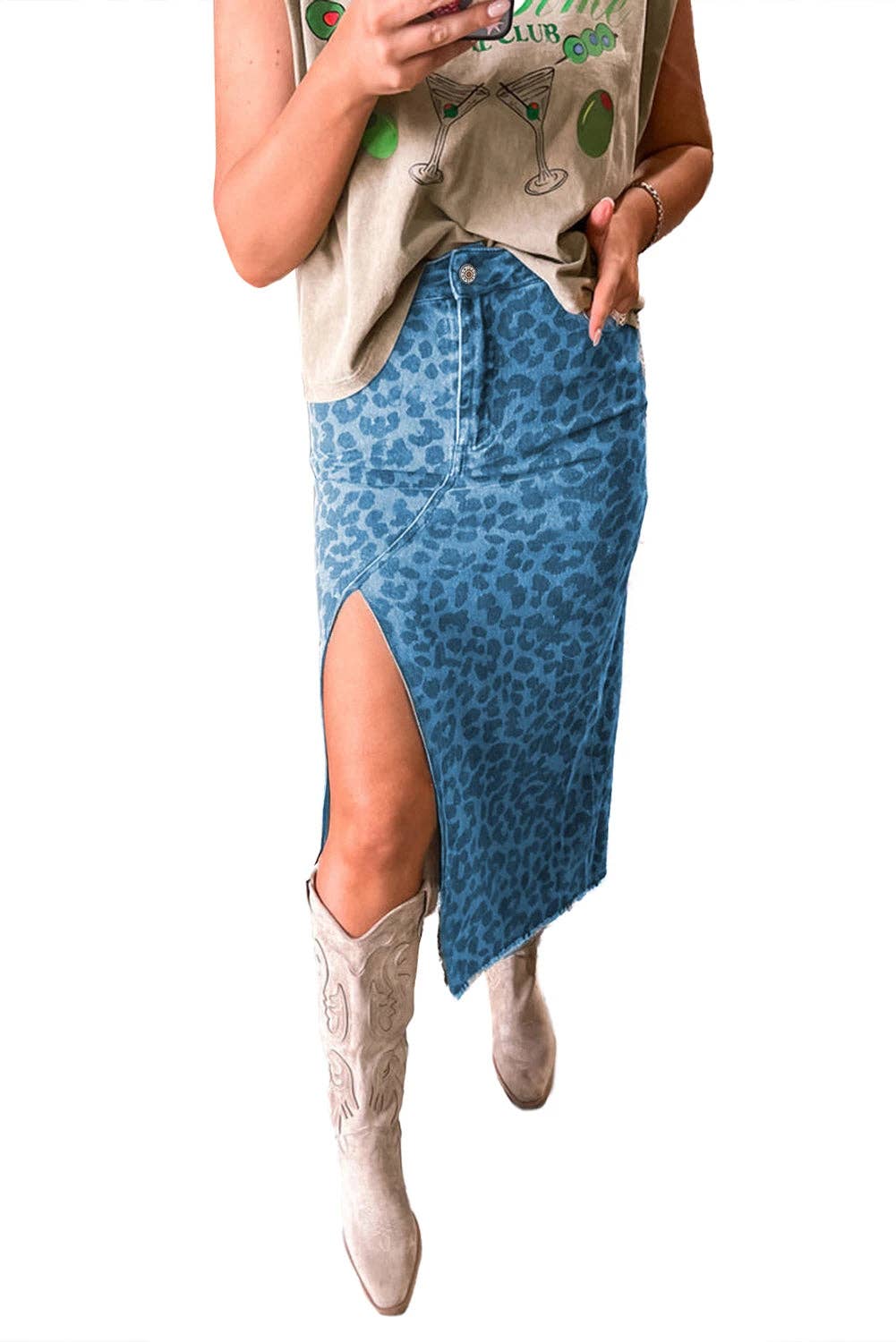 Leopard Frayed Denim Midi Skirt
