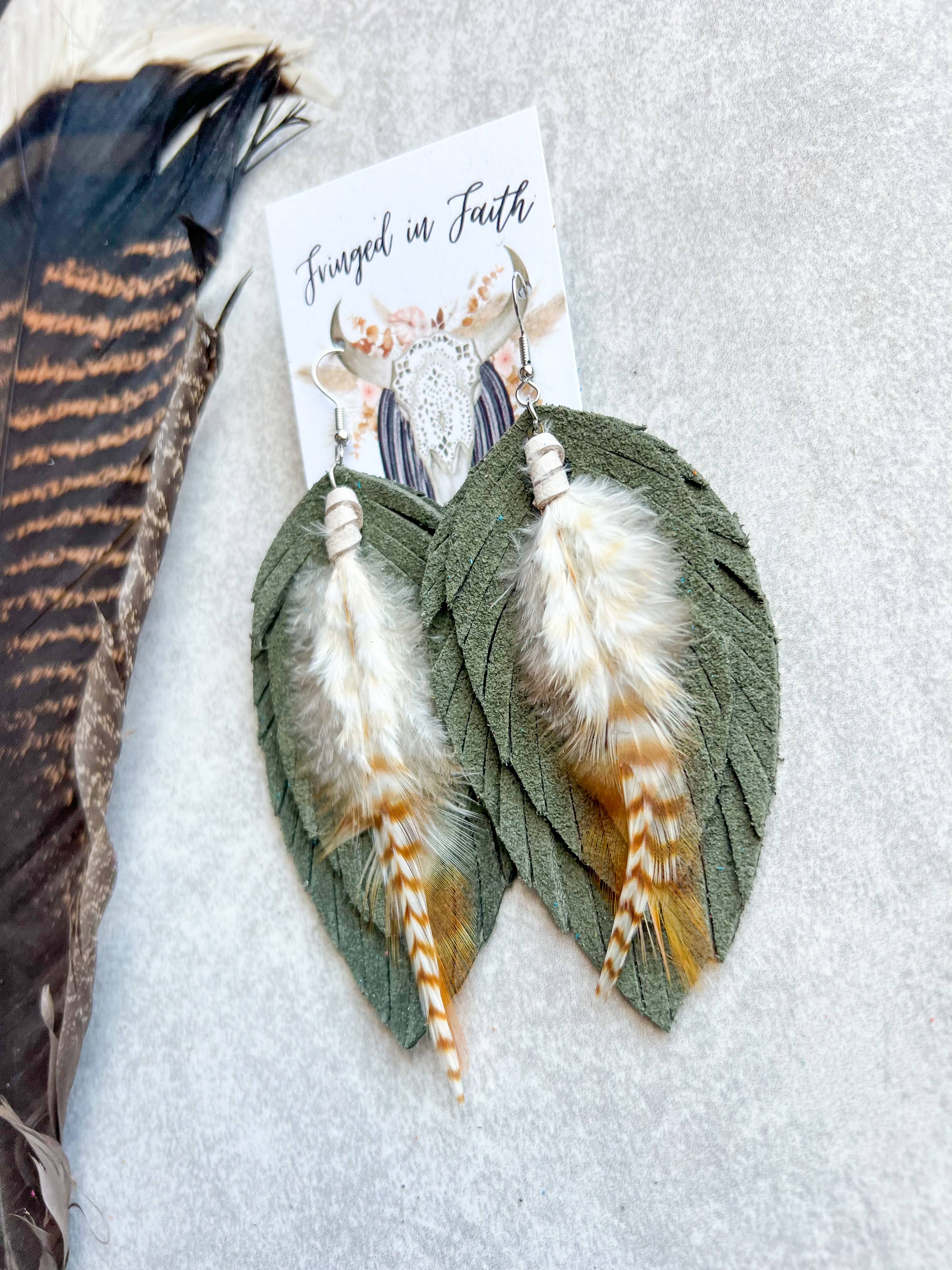 Ronan Fringe Feather Earrings | Olive