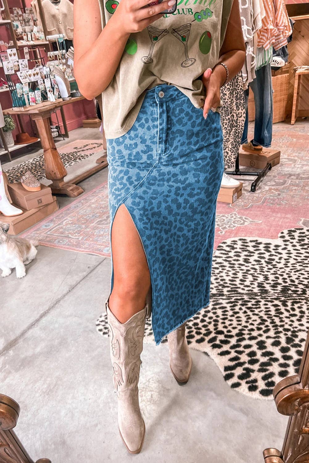 Leopard Frayed Denim Midi Skirt