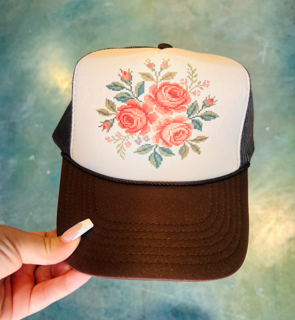 Cross Stitch Roses Brown & Tan Trucker