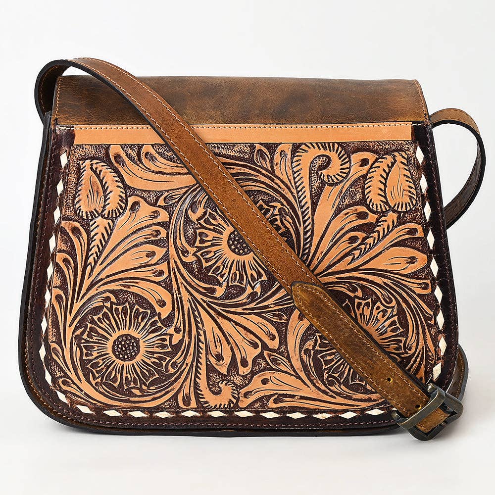 Tooled Leather Crossbody Flap Bag