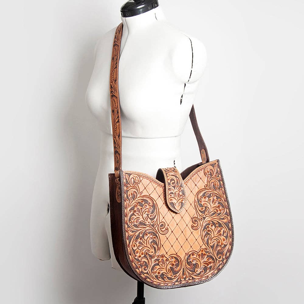 Hand-Tooled Genuine Leather Hobo Shoulder Bag