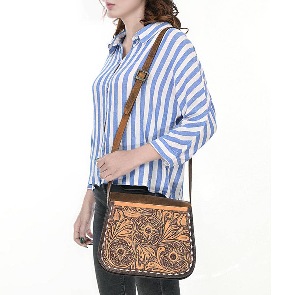 Tooled Leather Crossbody Flap Bag